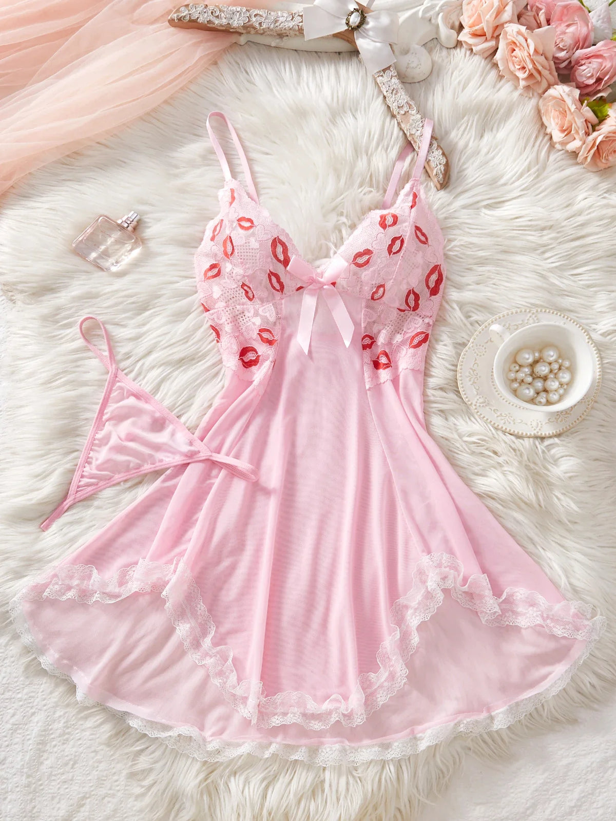 Pink Lips Lingerie Kawaii Intimate Dress Women Lace Nightdress Sleepwear Soft Pajamas With Thongs