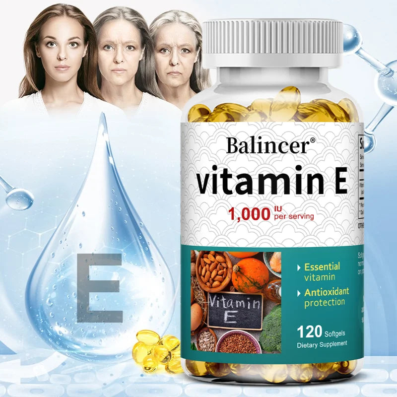Natural Vitamin E Capsules, Antioxidant Supplement, Support Skin Hair Nail Heart Brain Cardiovascular & Immune System Wellness