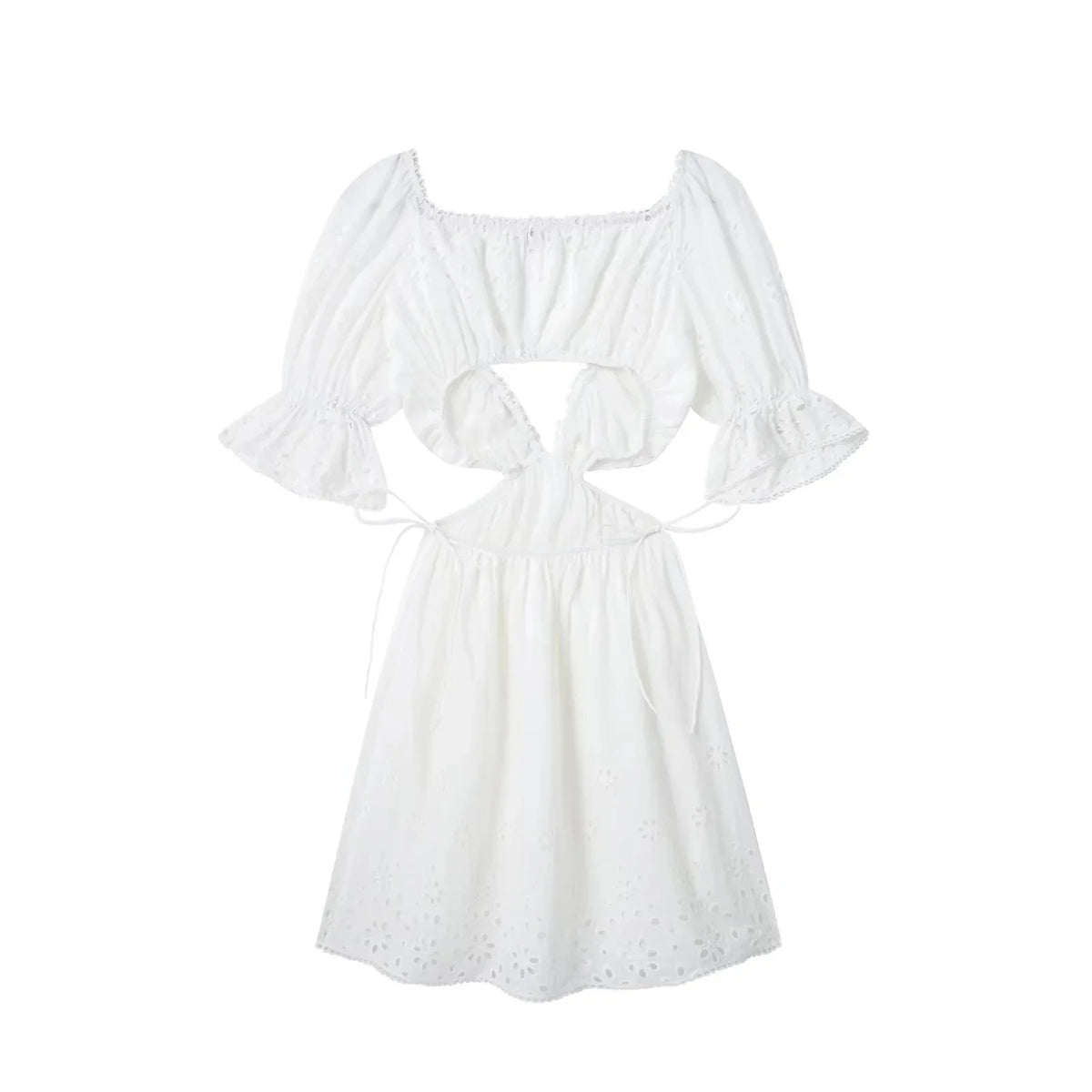 Foridol Lace Summer White Dress Women Puff Sleeve Embriodery Waist Cut Out Beach Short Sexy Cotton Dress Backless 2025 Sundress