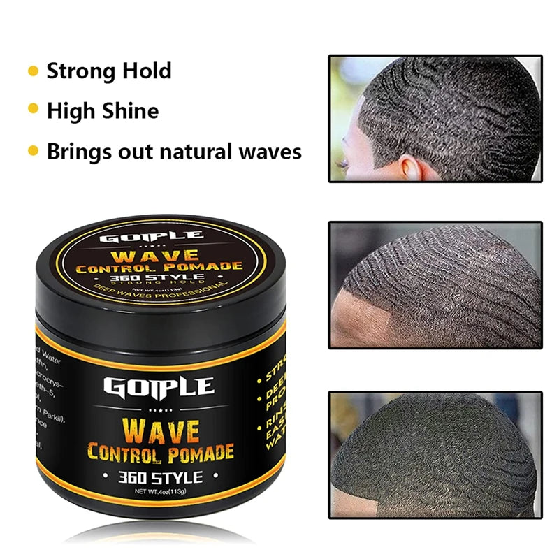 Deep Wave Pomade for Black Men Wave Kit Sport Strong Hold 360 Style Waves Layered Cream Frizz Control Gel Styling Wax with Brush
