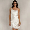 Women's Summer Satin Mini Dress Elegant Solid Color Lace Trimmed Sleeveless Spaghetti Strap Dresses for Party Date Night Wear