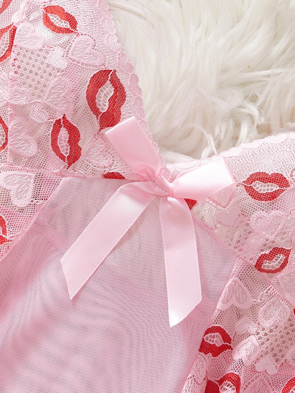 Pink Lips Lingerie Kawaii Intimate Dress Women Lace Nightdress Sleepwear Soft Pajamas With Thongs