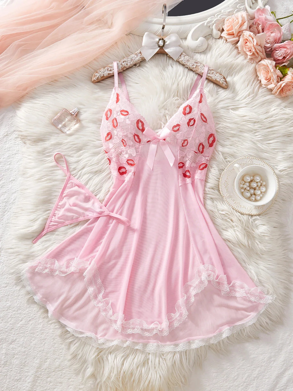 Pink Lips Lingerie Kawaii Intimate Dress Women Lace Nightdress Sleepwear Soft Pajamas With Thongs