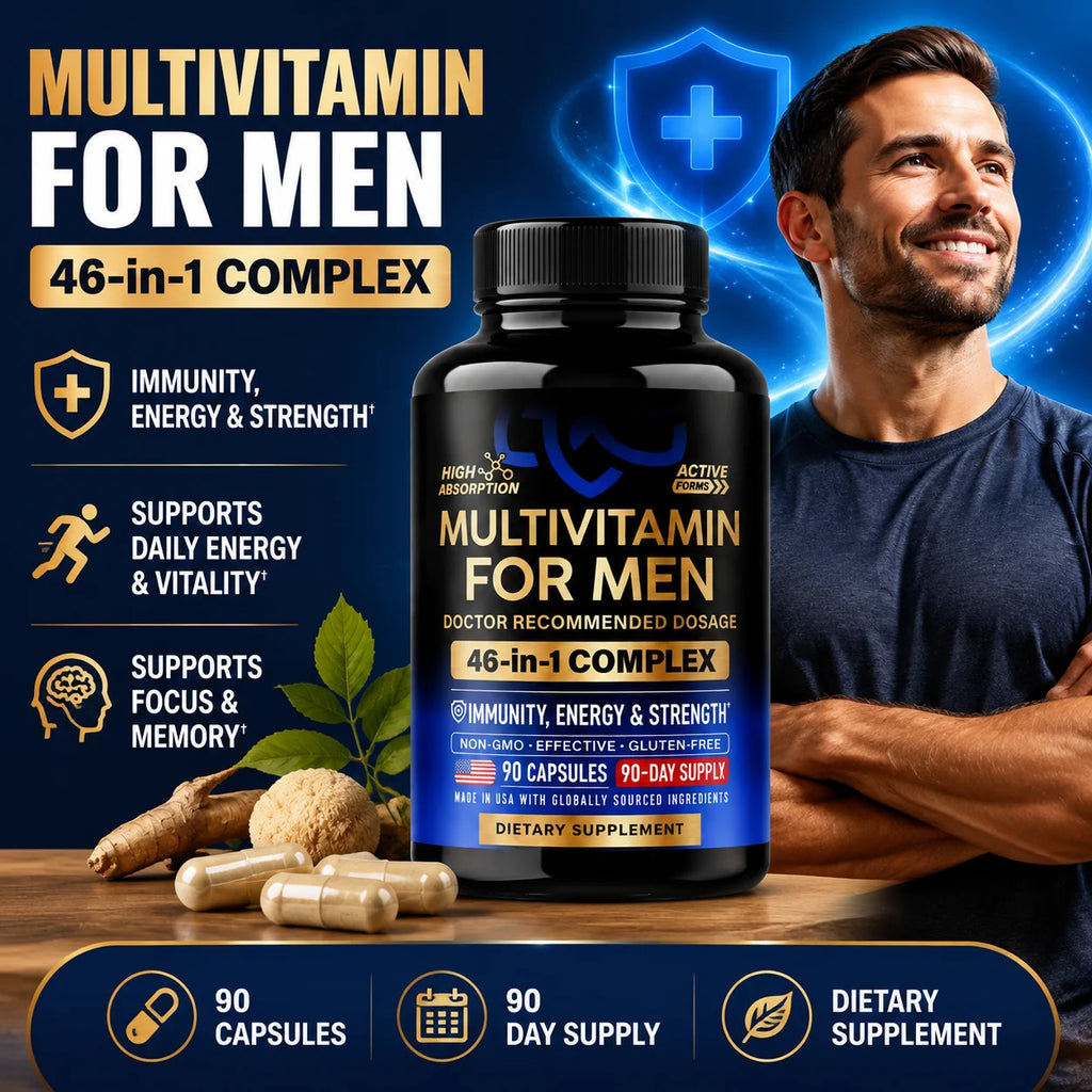 Multivitamin for Men Capsules with D3, K2, B12, Zinc & Magnesium for Vitality & Daily Energy Wellness Support, Men, 90 Capsules