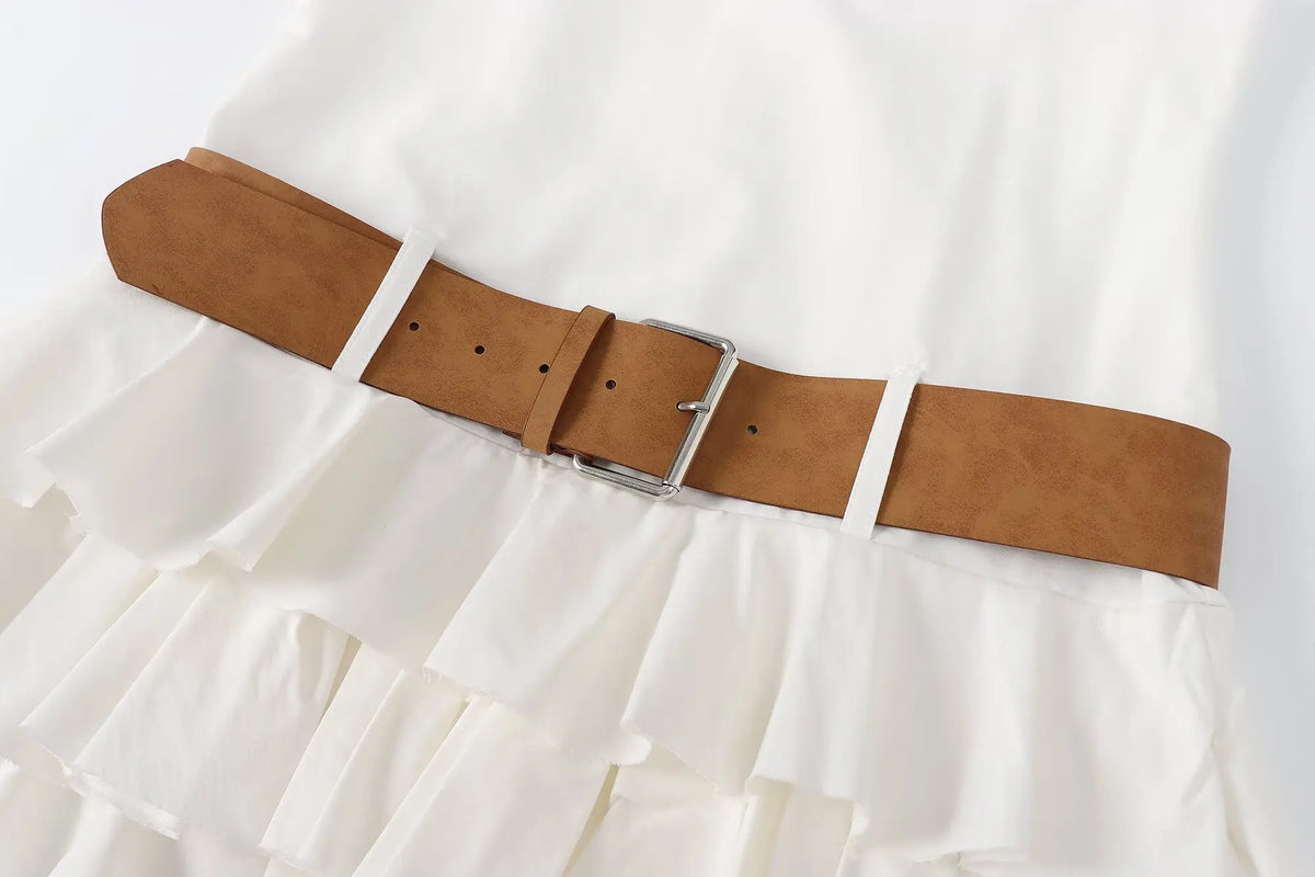 Halter Backless White Summer Women's Dress Sleeveless Beach Boho Short Mini Tierred Dresses with Shorts New Dress with Belt