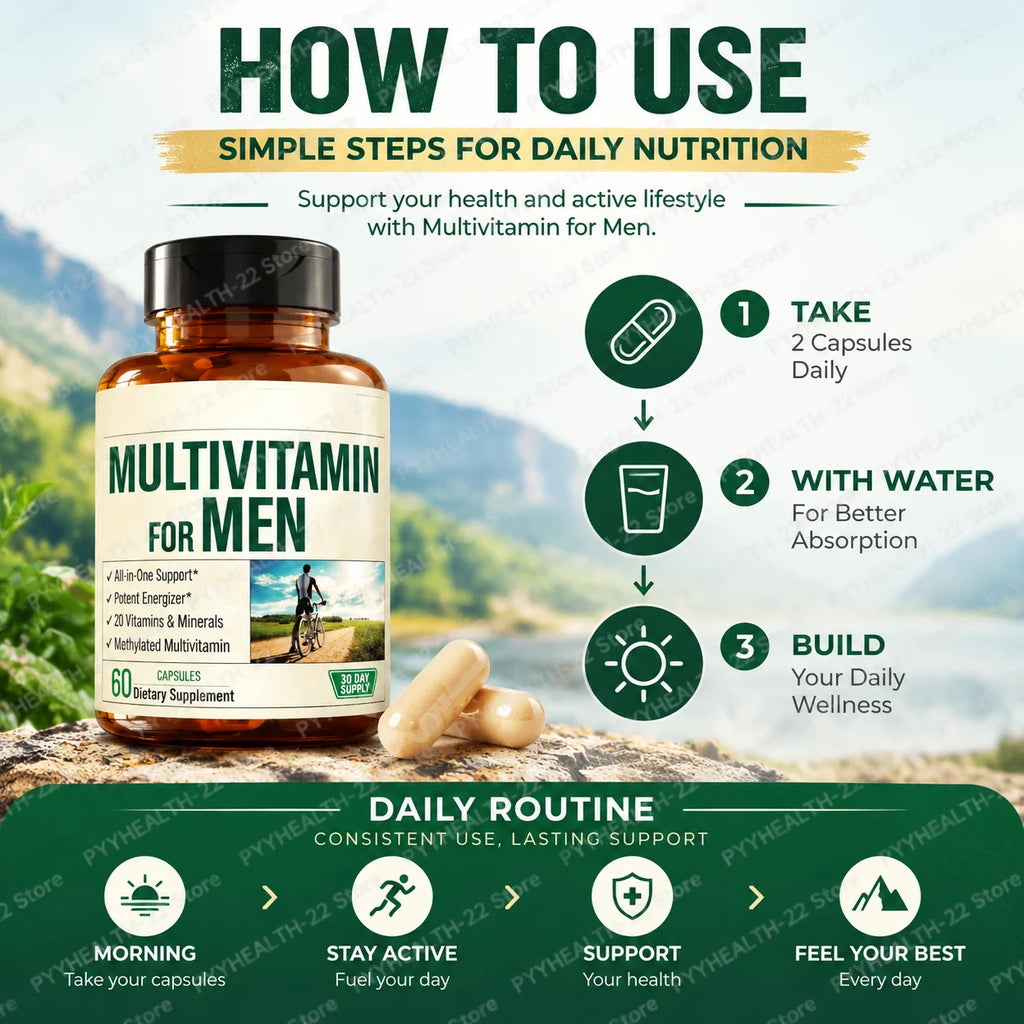 Men Multivitamin Capsules, 20 Vitamins Minerals Methylated B Complex Chelated Zinc Magnesium, Boost Energy Focus, 60 Capsules