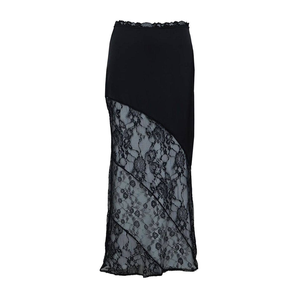 Women's Summer Satin Lace Patchwork Long Skirts Mid Waist Solid Color Fashion Elegant Asymmetric Skirts