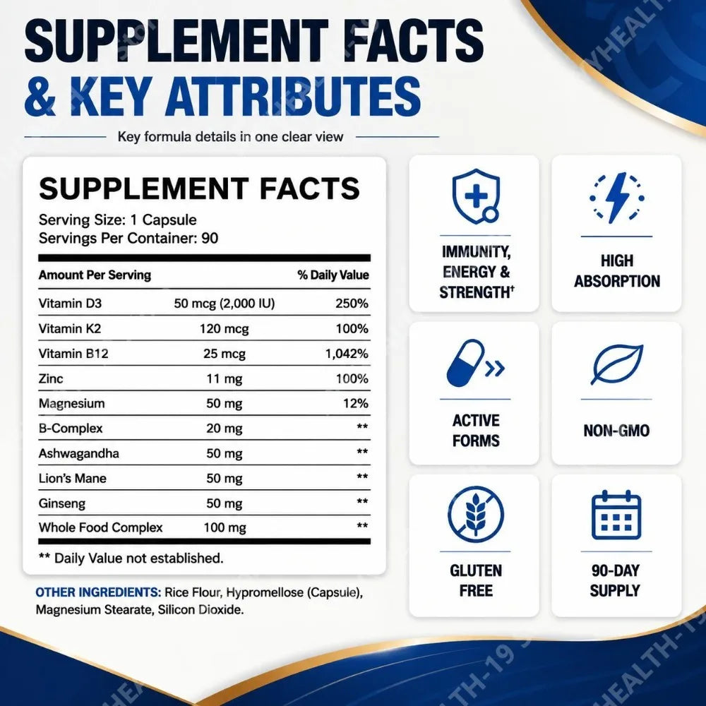 Multivitamin for Men Capsules with D3, K2, B12, Zinc & Magnesium for Vitality & Daily Energy Wellness Support, Men, 90 Capsules