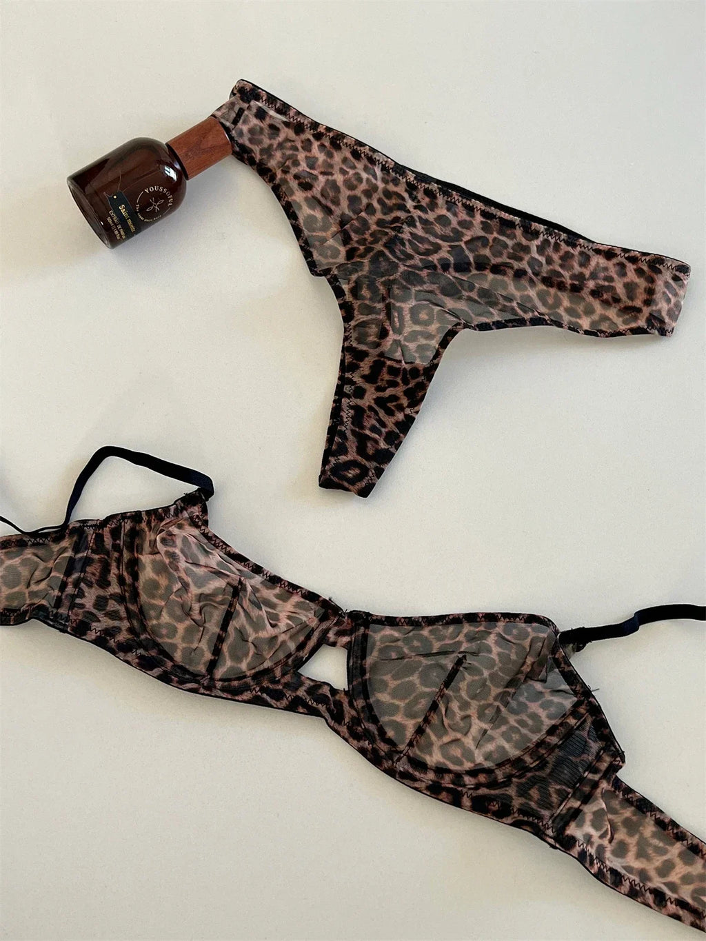 Seamless Leopard printed Bra Set See Through Sexy Lingerie Women Lace Underwear Attractive Intimate Sleepwear