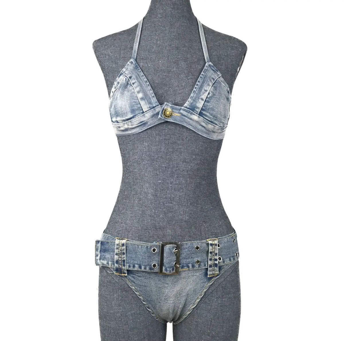 DEKA Women Beach Wear 2 Piece Set Denim Bikini SetThong Low Waist Swimsuit Push Up Swimwear Jeans Bathing Suit Halter Biquini