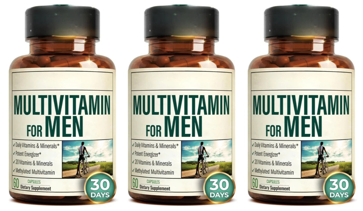 Men Multivitamin Capsules, 20 Vitamins Minerals Methylated B Complex Chelated Zinc Magnesium, Boost Energy Focus, 60 Capsules