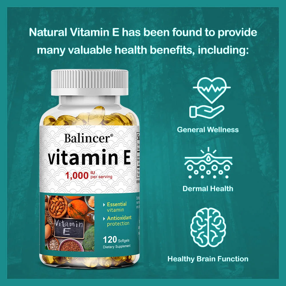 Natural Vitamin E Capsules, Antioxidant Supplement, Support Skin Hair Nail Heart Brain Cardiovascular & Immune System Wellness