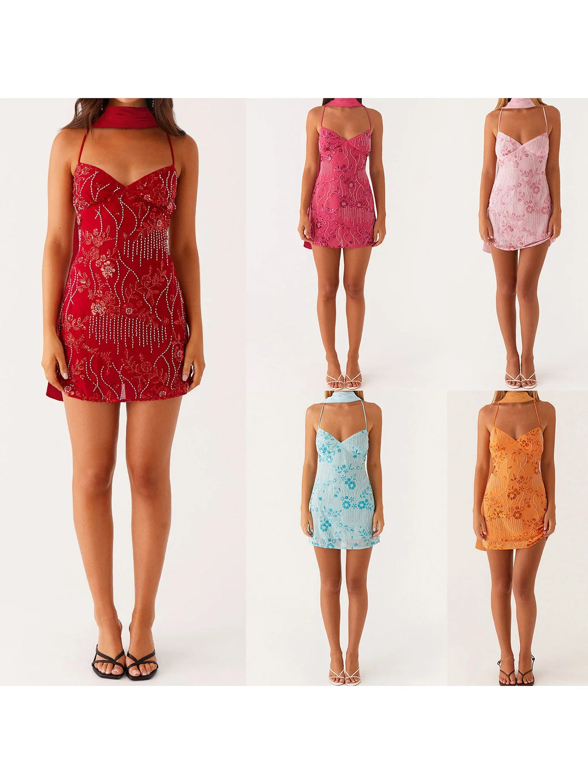 Women's Summer Sequined Flower Embroidery Beaded Bodycon Mini Dress Sleeveless Spaghetti Strap V Neck Night Out Dress with Scarf