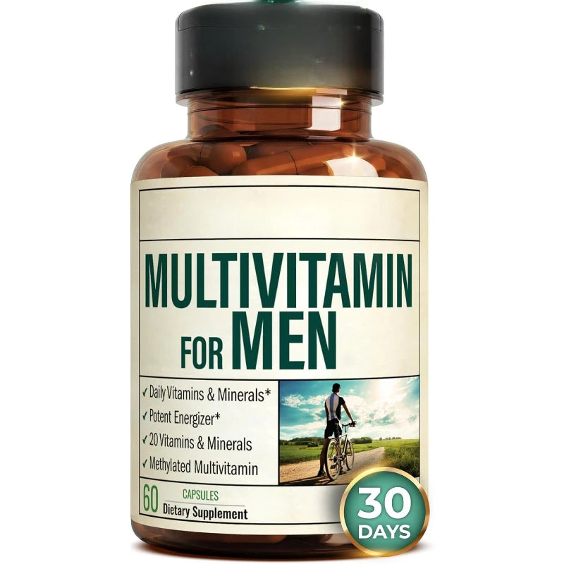 Men Multivitamin Capsules, 20 Vitamins Minerals Methylated B Complex Chelated Zinc Magnesium, Boost Energy Focus, 60 Capsules