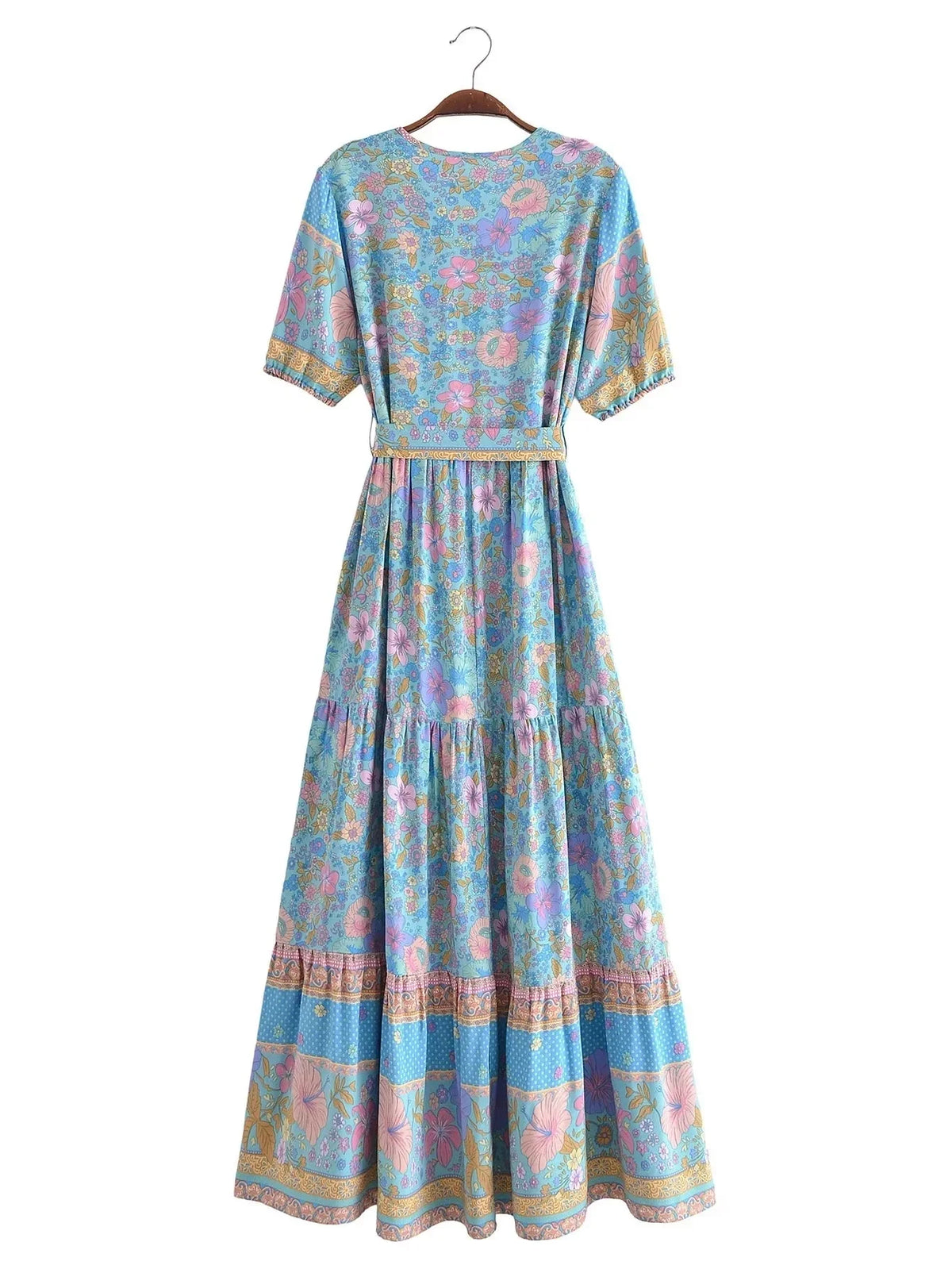 Foridol Single Breasted Bohemian Holiday Summer Women Dress Belt Casual Loose Maxi Floral Dress Short Sleeve Long Viscose Dress