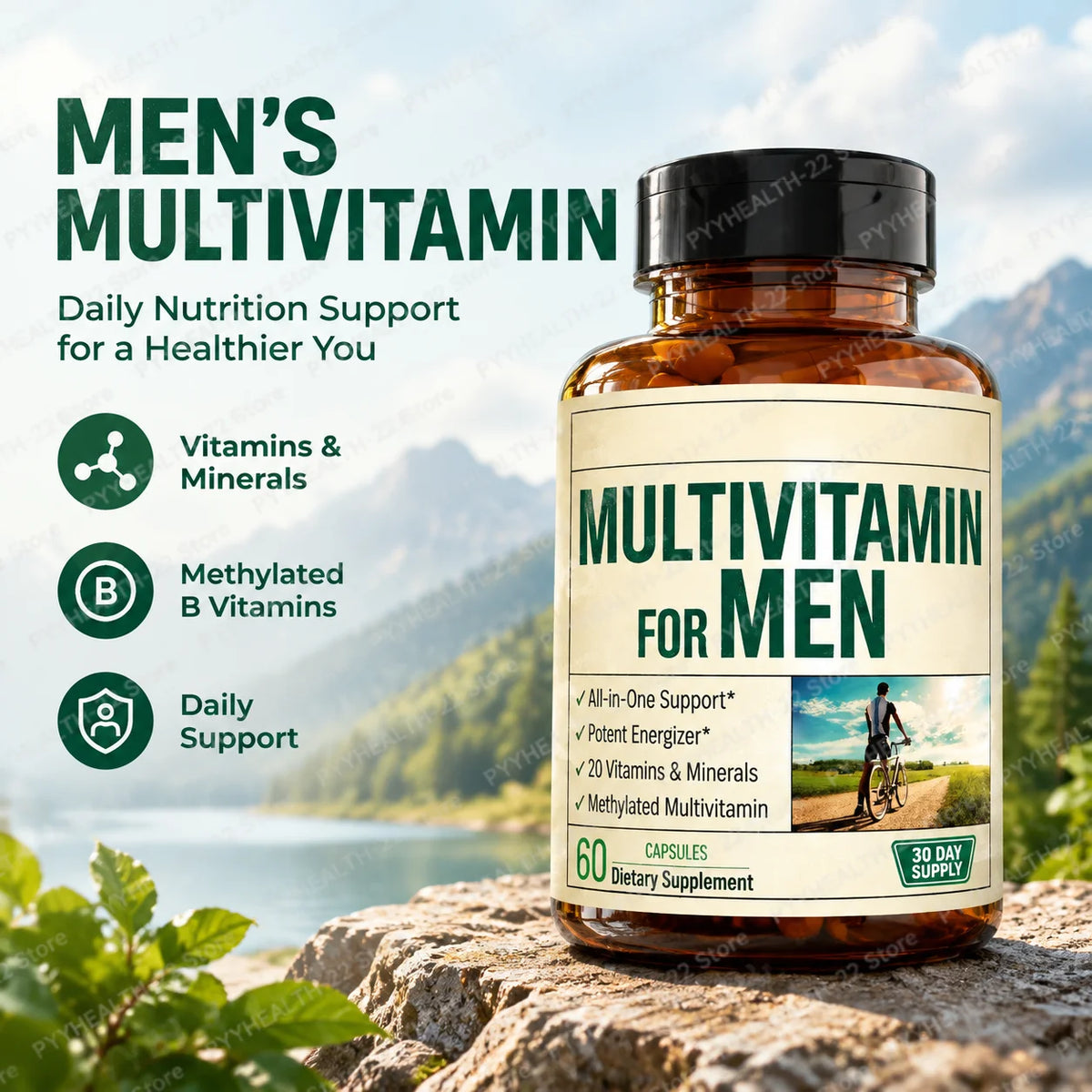 Men Multivitamin Capsules, 20 Vitamins Minerals Methylated B Complex Chelated Zinc Magnesium, Boost Energy Focus, 60 Capsules