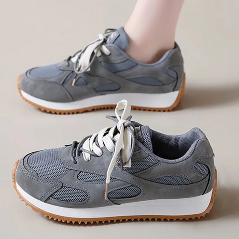 Gray Lace Up Sneakers for Women Breathable Mesh Sports Shoes Woman Autumn Winter Non Slip Soft Insole Vulcanize Shoes Mujer