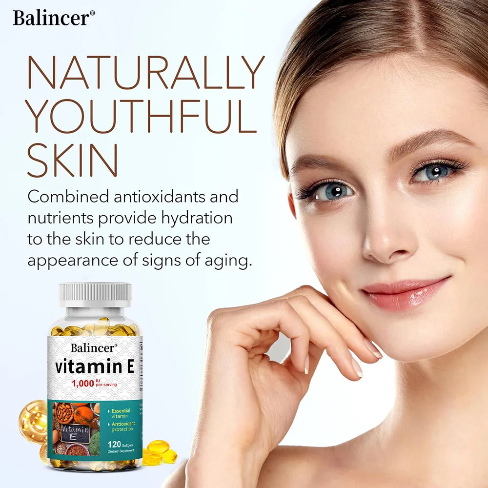 Natural Vitamin E Capsules, Antioxidant Supplement, Support Skin Hair Nail Heart Brain Cardiovascular & Immune System Wellness