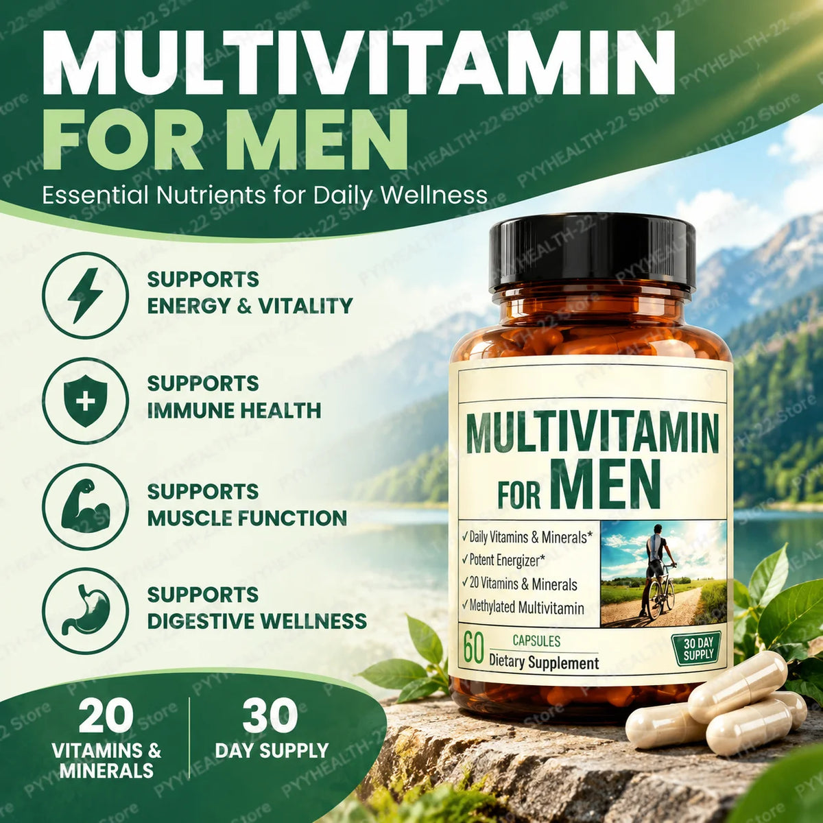 Men Multivitamin Capsules, 20 Vitamins Minerals Methylated B Complex Chelated Zinc Magnesium, Boost Energy Focus, 60 Capsules