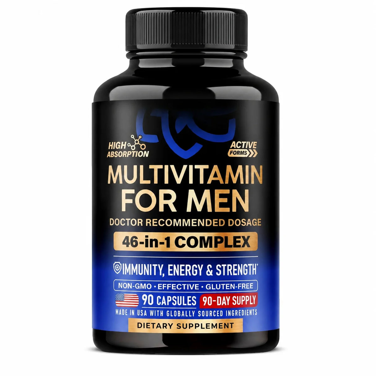 Multivitamin for Men Capsules with D3, K2, B12, Zinc & Magnesium for Vitality & Daily Energy Wellness Support, Men, 90 Capsules