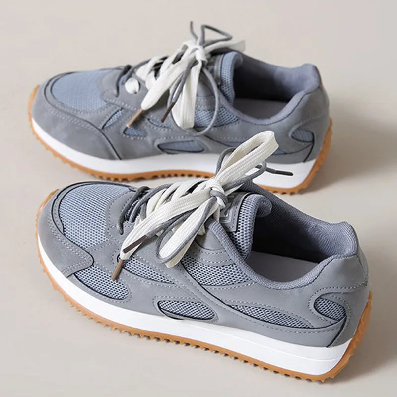 Gray Lace Up Sneakers for Women Breathable Mesh Sports Shoes Woman Autumn Winter Non Slip Soft Insole Vulcanize Shoes Mujer