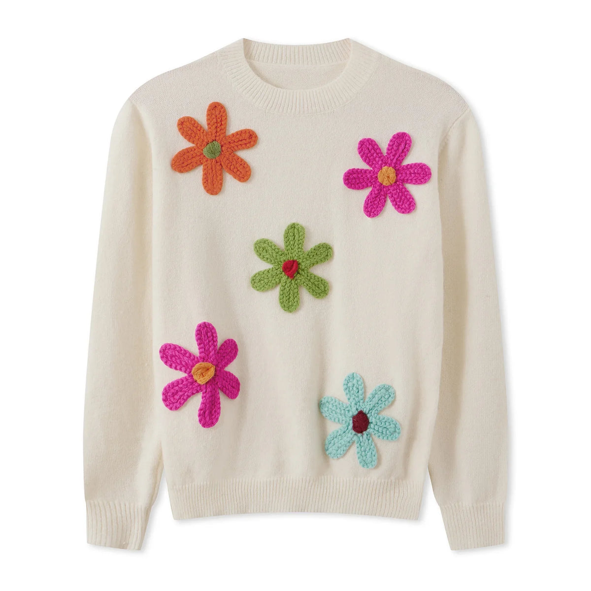 Women Knitted Flower Sweater Casual Crew Neck Long Sleeve Pullover Tops Cute Winter Fall Loose Knitwear