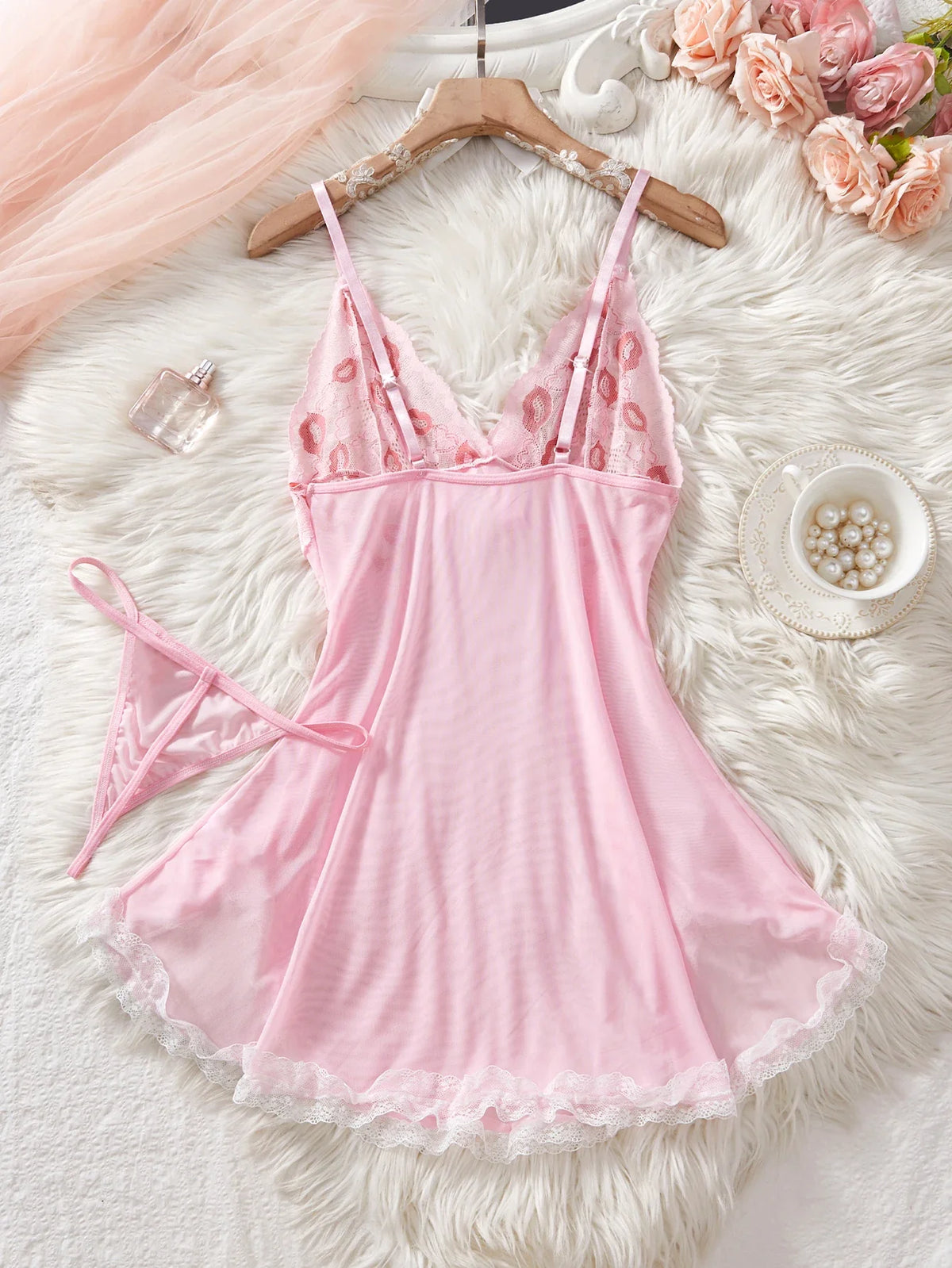 Pink Lips Lingerie Kawaii Intimate Dress Women Lace Nightdress Sleepwear Soft Pajamas With Thongs