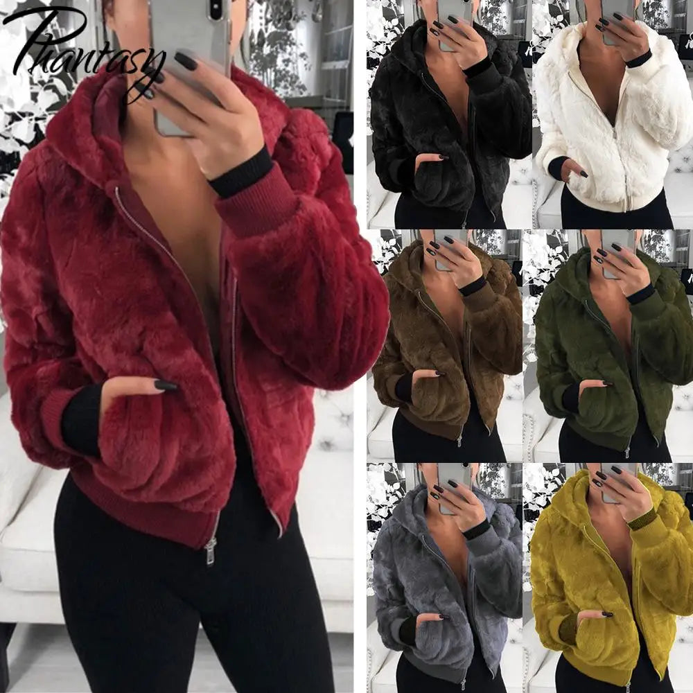 Phantasy Women's Hoodies Women Clothing Streetwear New Style Fashion Hooded Imitation Fur Plush Coat Solid Color Jacket Female