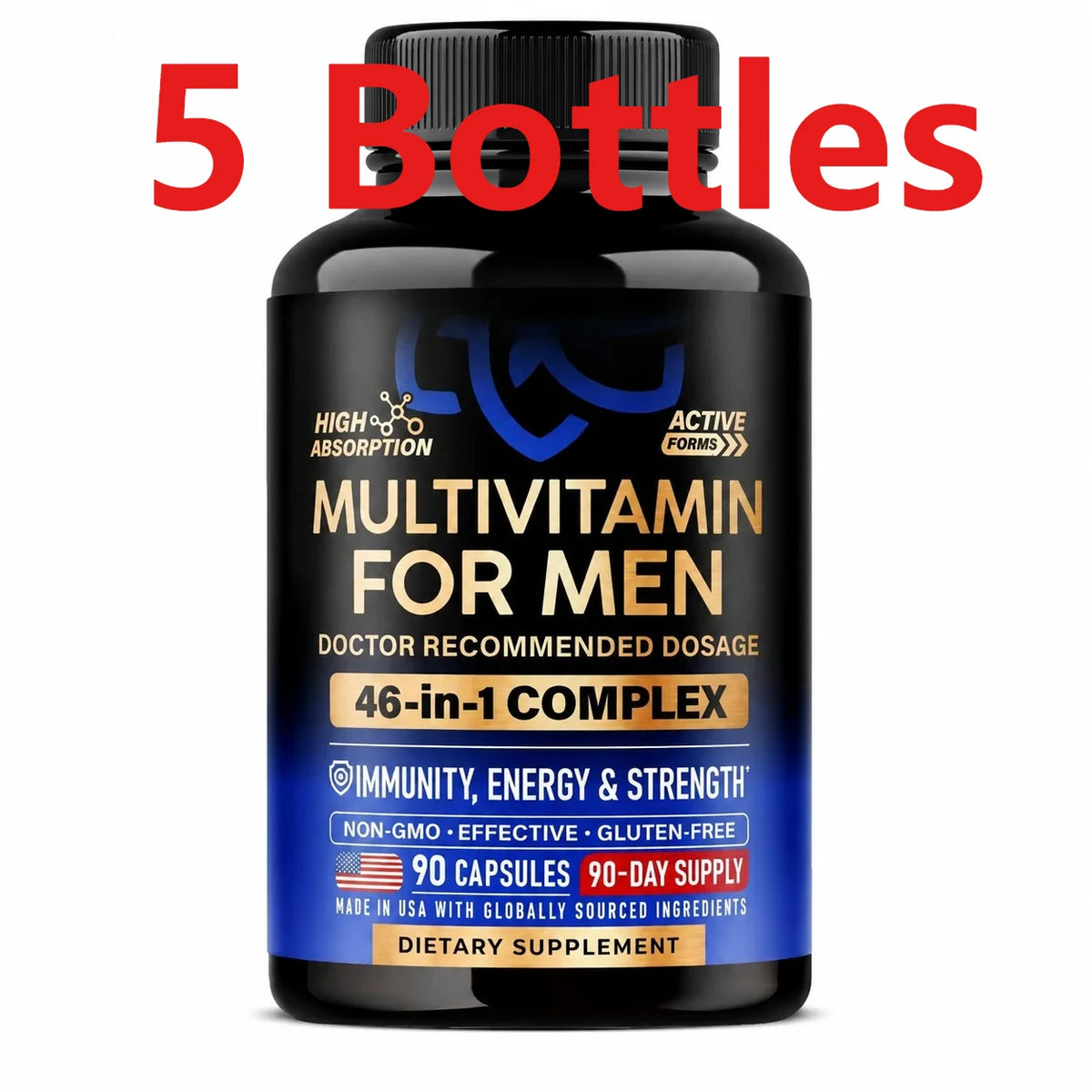 Multivitamin for Men Capsules with D3, K2, B12, Zinc & Magnesium for Vitality & Daily Energy Wellness Support, Men, 90 Capsules