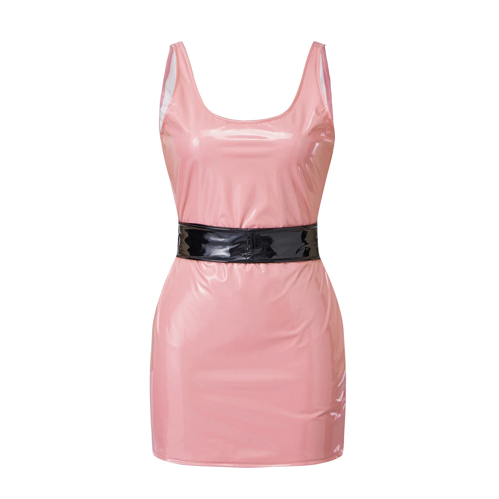 Women's Summer Solid Color PU Leather Slim Fit Dress Fashionable Sleeveless Round Neck Belted Tight Fitting Mini Dresses