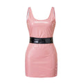 Women's Summer Solid Color PU Leather Slim Fit Dress Fashionable Sleeveless Round Neck Belted Tight Fitting Mini Dresses