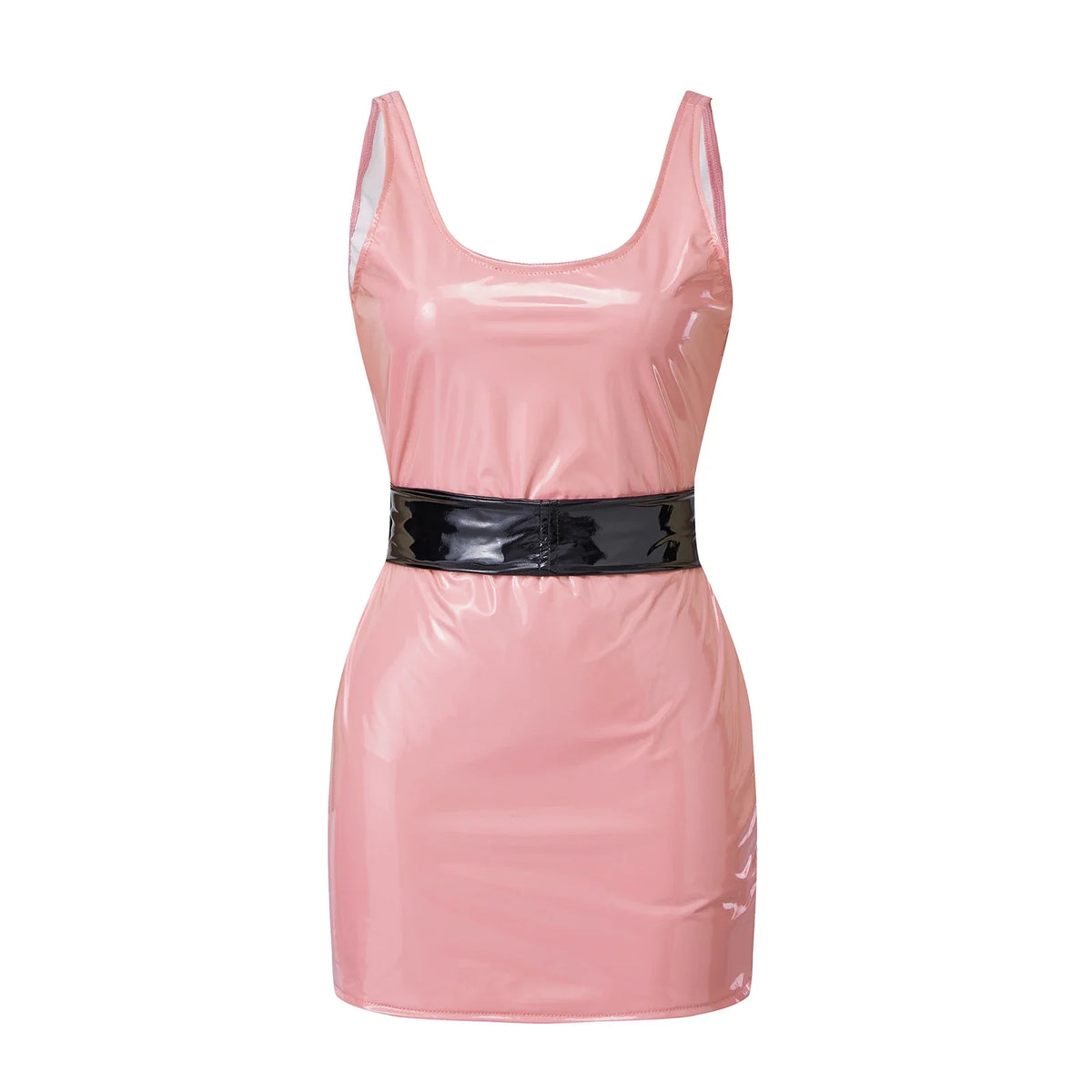 Women's Summer Solid Color PU Leather Slim Fit Dress Fashionable Sleeveless Round Neck Belted Tight Fitting Mini Dresses