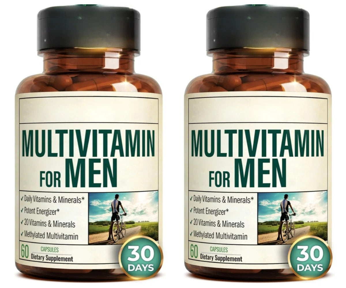 Men Multivitamin Capsules, 20 Vitamins Minerals Methylated B Complex Chelated Zinc Magnesium, Boost Energy Focus, 60 Capsules