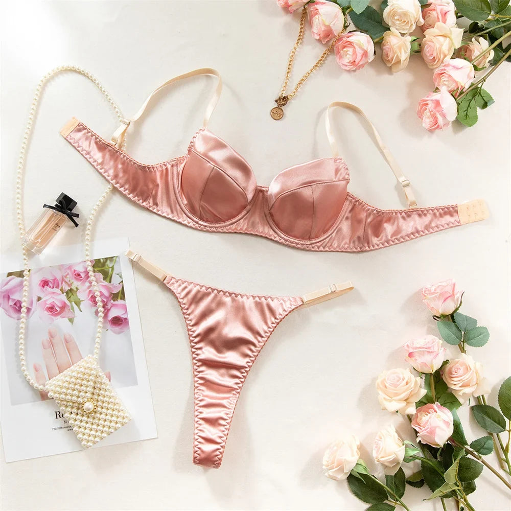 Seamless 2 Pieces Sexy Bra Set Women Satin Lingerie Underwear Patchwork Bras and Thongs Suits Attractive Bilizna Intimate Set
