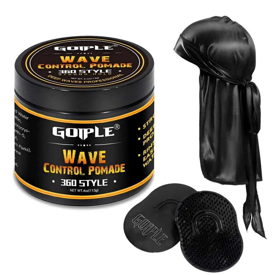 Deep Wave Pomade for Black Men Wave Kit Sport Strong Hold 360 Style Waves Layered Cream Frizz Control Gel Styling Wax with Brush