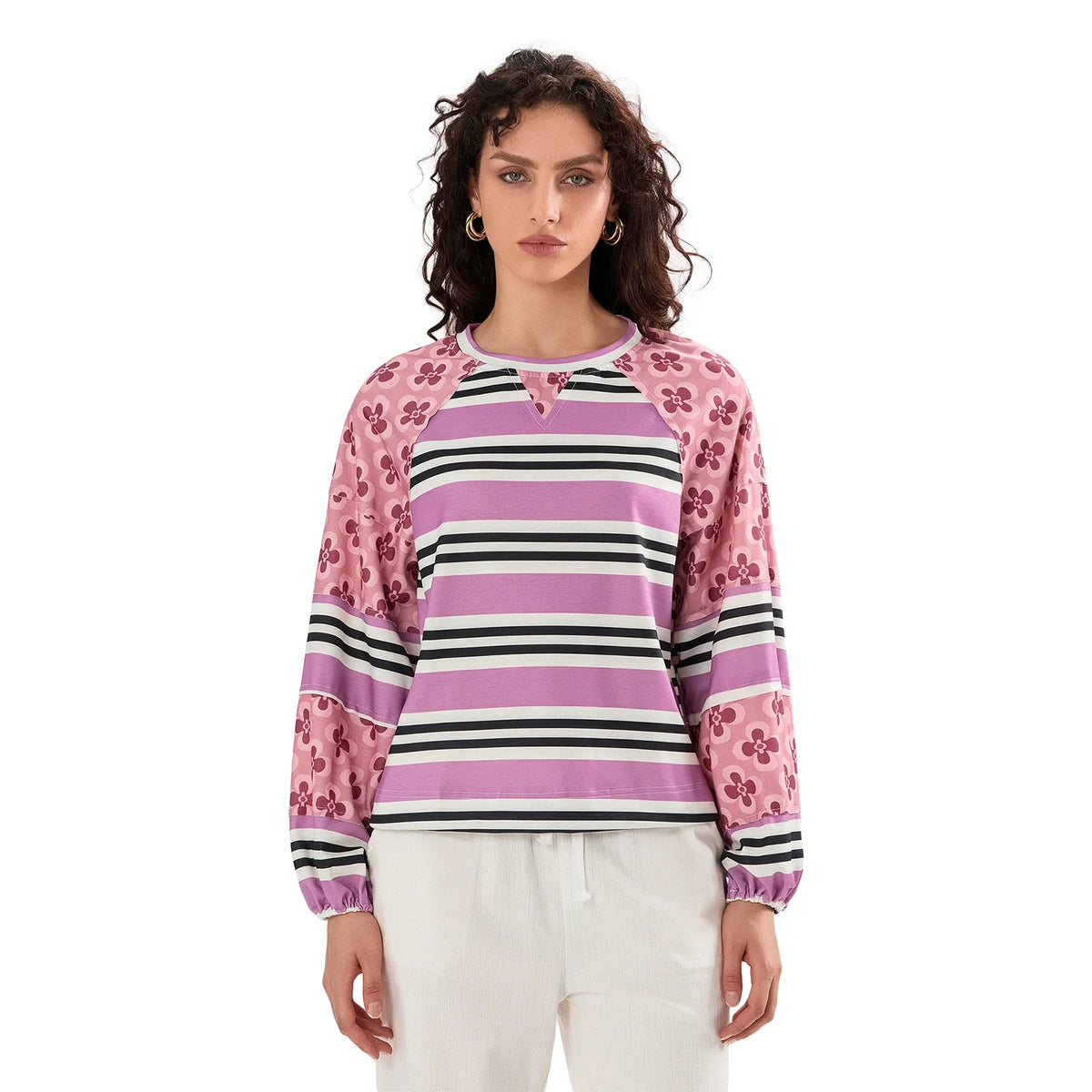 Loose Knitted Tops Women Contrast Color Stripe Floral Print Long Sleeve Pullovers Fall Winter Casual Jumpers