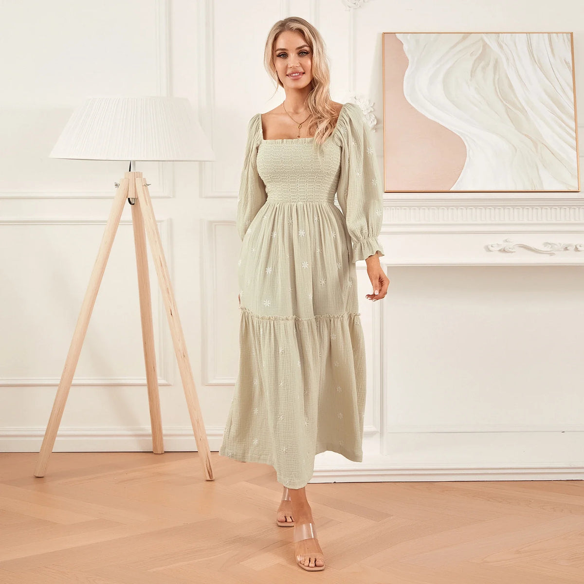 Women Spring Fall Long Dress Long Sleeve Dress Square Neck Embroidery Flower Loose Swing Dress Wit Pocket