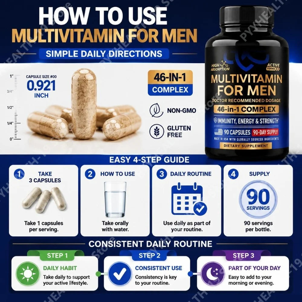 Multivitamin for Men Capsules with D3, K2, B12, Zinc & Magnesium for Vitality & Daily Energy Wellness Support, Men, 90 Capsules
