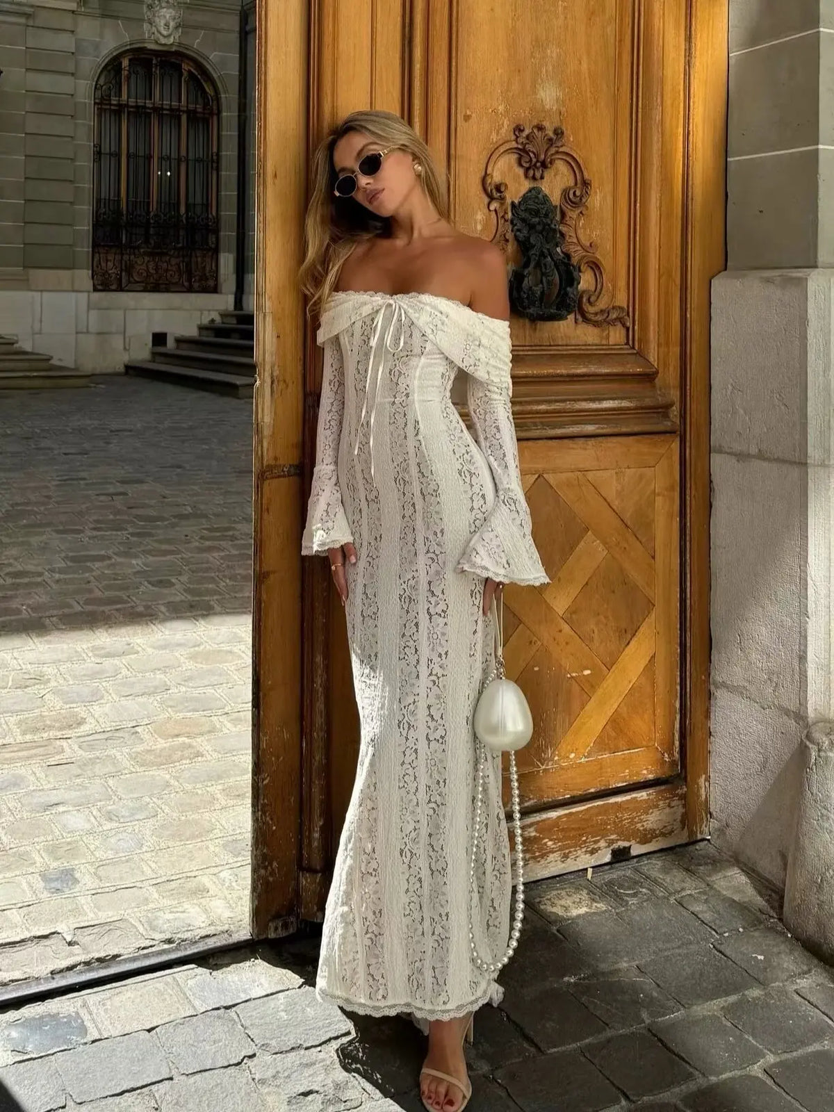 Off Shoulder White Lace Party Dress Flare Sleeve Bowknot Party Maxi Dress Sexy Elegant Summer Bodycon Vestidos Embroidery Robe