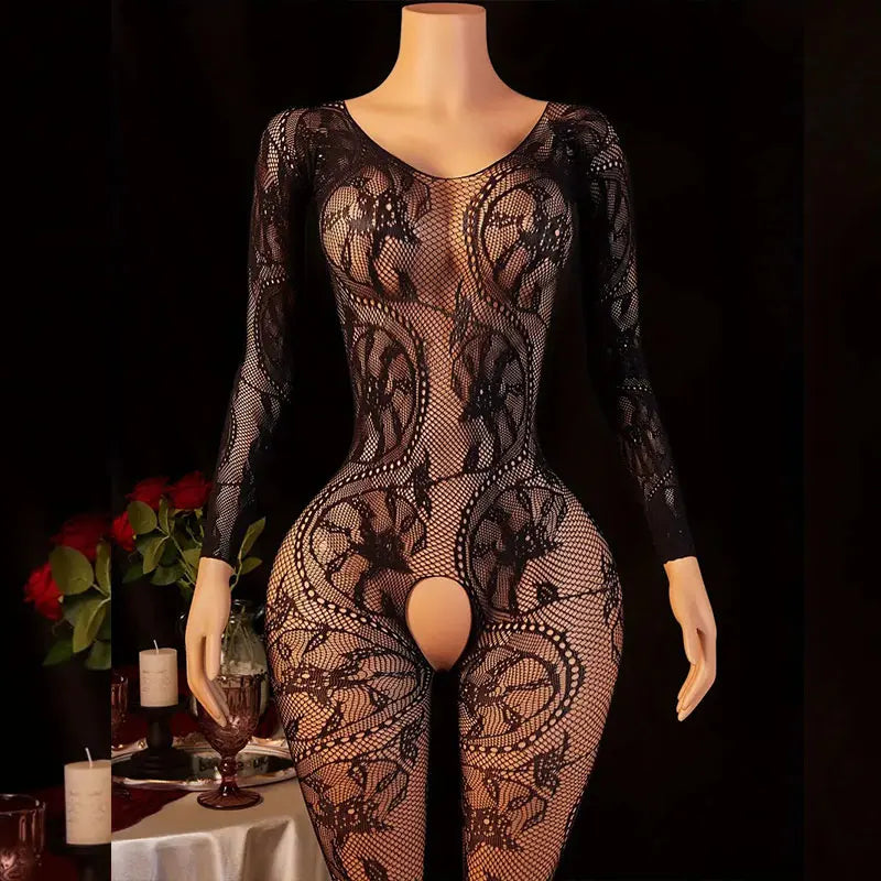 Hot Sexy Lingerie Erotic Crotchless Women Mesh Hollow Bodystockings Full Sleeve Leopard  Sling Hanging Neck Underwear Body Suits