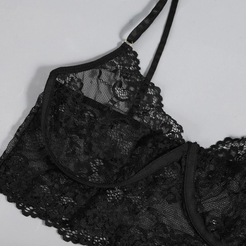 Porn 3pcs Lace Underwear Set Women Sexy Lingerie Halter Bra and Panties Garter Intimate Erotic Babydolls Sex Costumes