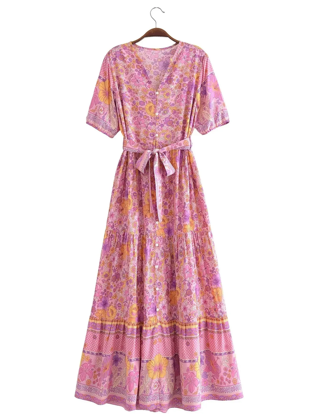 Foridol Single Breasted Bohemian Holiday Summer Women Dress Belt Casual Loose Maxi Floral Dress Short Sleeve Long Viscose Dress