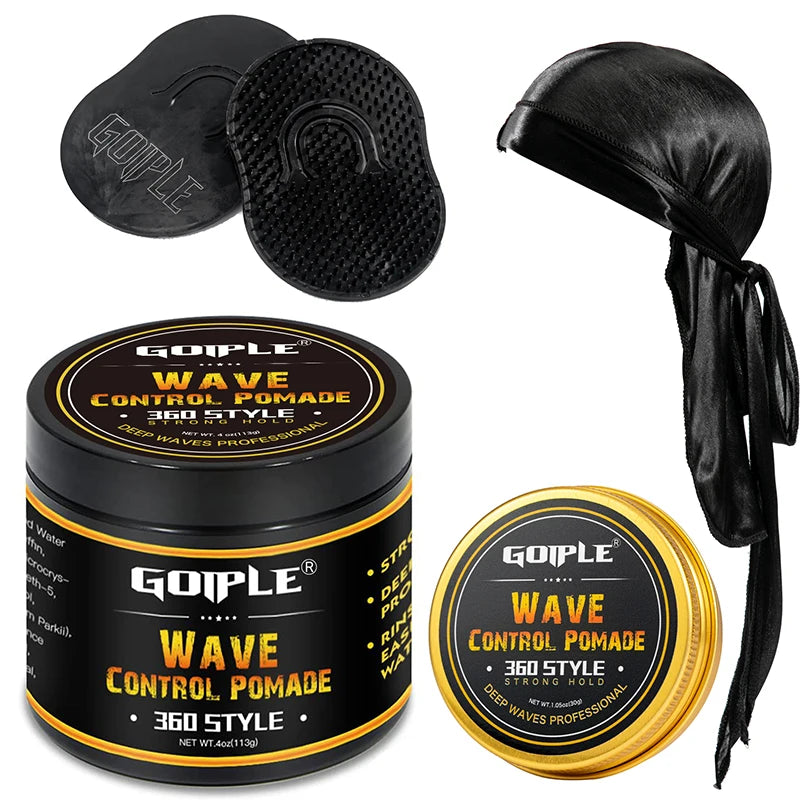 Deep Wave Pomade for Black Men Wave Kit Sport Strong Hold 360 Style Waves Layered Cream Frizz Control Gel Styling Wax with Brush