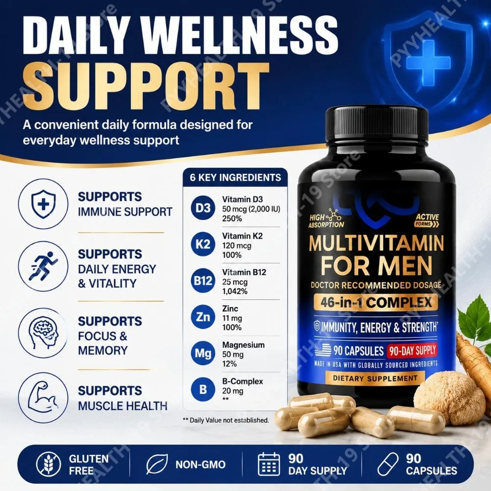 Multivitamin for Men Capsules with D3, K2, B12, Zinc & Magnesium for Vitality & Daily Energy Wellness Support, Men, 90 Capsules