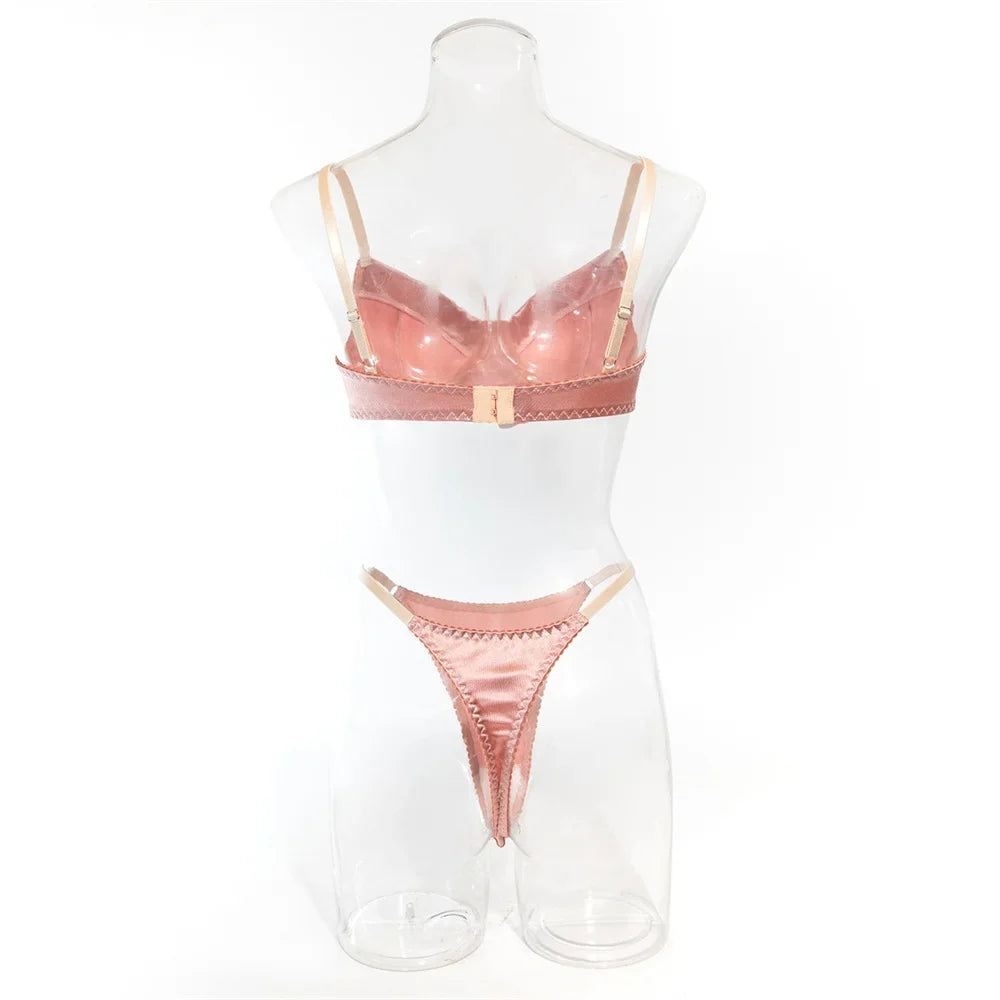 Seamless 2 Pieces Sexy Bra Set Women Satin Lingerie Underwear Patchwork Bras and Thongs Suits Attractive Bilizna Intimate Set