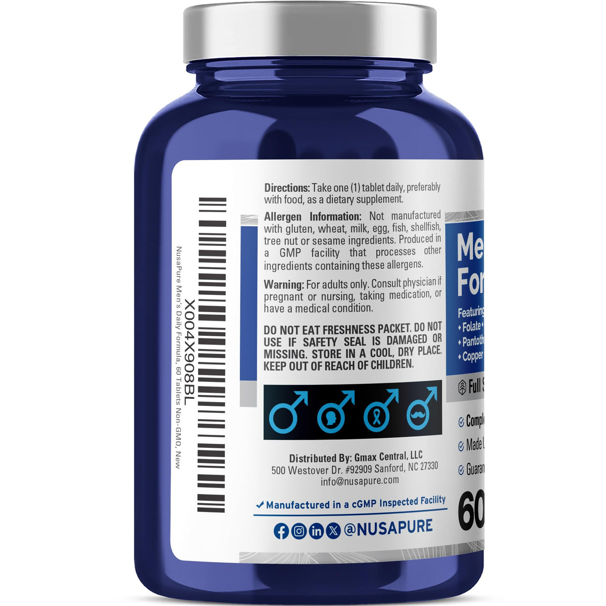 NusaPure Men’s Daily Formula – Full Spectrum Multivitamin with Vitamins A, C, D, E, K, B-Complex, Folate, Biotin, Minerals & Lycopene | 60 Tablets | Non-GMO